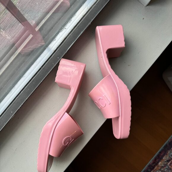 Pink Gucci Logo Rubber Platform Block Heel Mules Slides Sandals Shoes - Picture 3 of 5